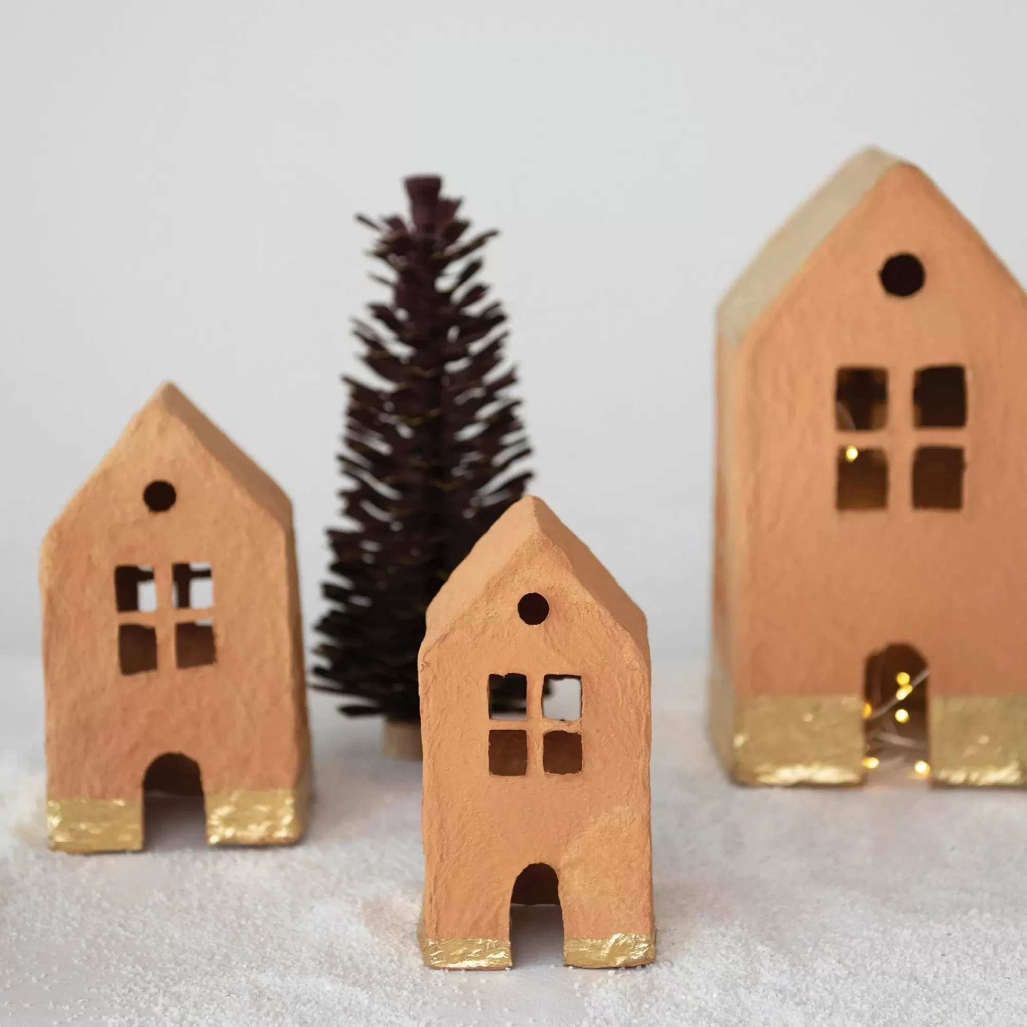 Best Sale Be Home Handmade Paper Mache Houses with Gold Foil, Terracotta, Set of 3